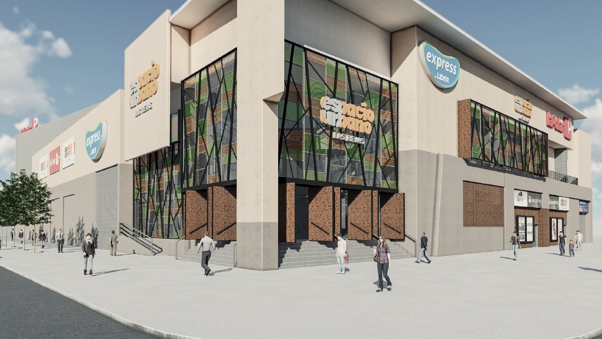 Fachada de edificio comercial Espacio Urbano, con diseño moderno, vidrios de colores y logotipos de tiendas visibles