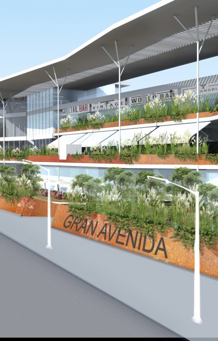 Render de un centro comercial moderno en Gran Avenida, con terrazas ajardinadas, fachada de vidrio y señalética de marcas reconocidas.