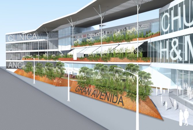 Render de un centro comercial moderno en Gran Avenida, con terrazas ajardinadas, fachada de vidrio y señalética de marcas reconocidas.