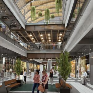 Imagen renderizada de un paseo comercial moderno en el Mall Marina, con árboles interiores, tiendas de ropa y personas recorriendo distintos niveles.